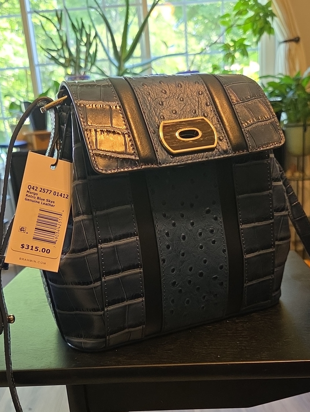 Brahmin Retro Blue Skye Leather Crossbody Bag - Navy Blue with Gold Hardware